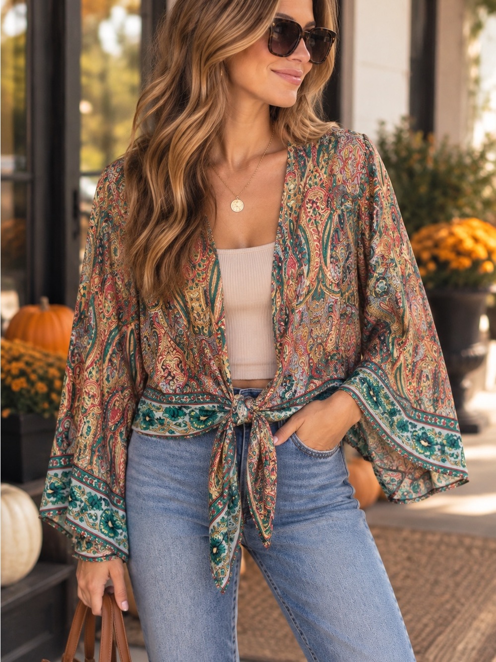 WayAn Paisley Tie Front Kimono Blouse Bell Sleeve Boho Women’s